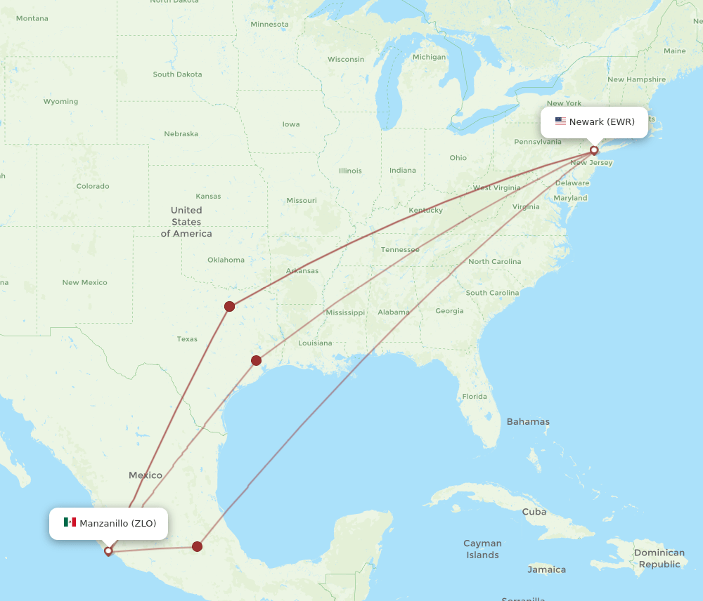 Manzanillo - New York route map and flight paths