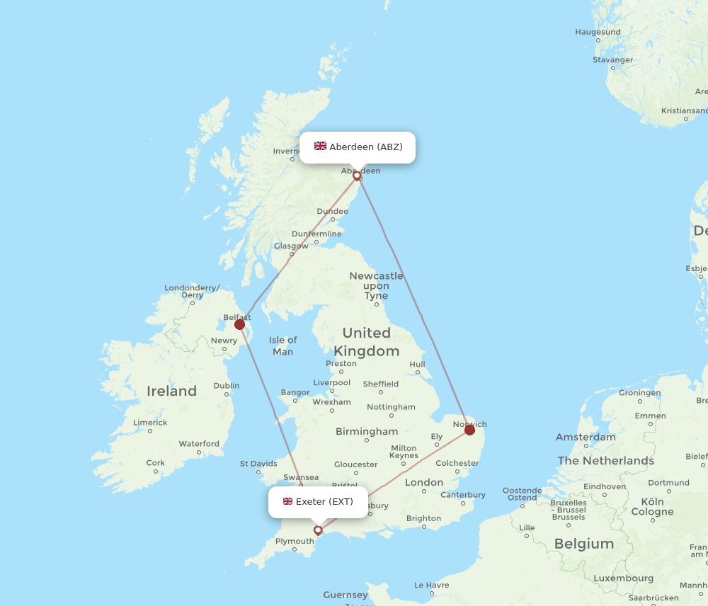 EXT to ABZ flights and routes map
