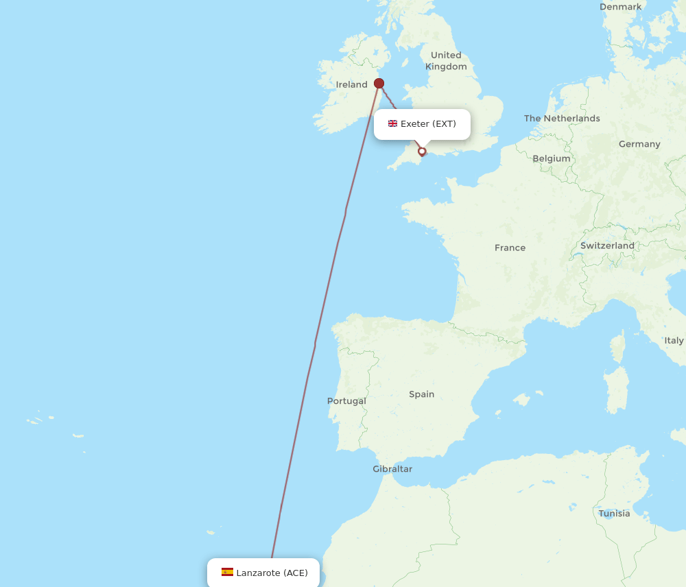 Exeter - Lanzarote route map and flight paths