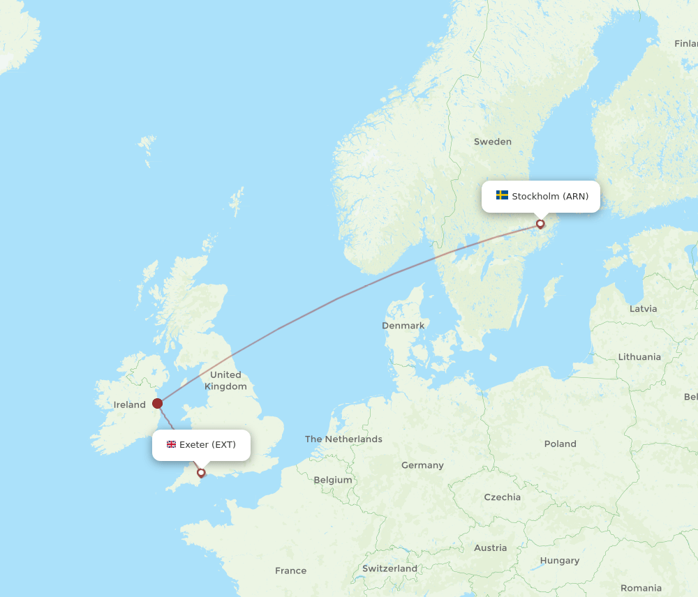 Stockholm - Exeter route map and flight paths