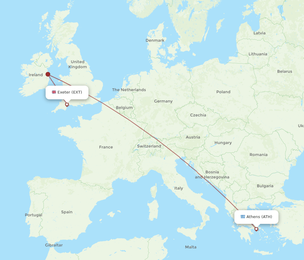 EXT to ATH flights and routes map