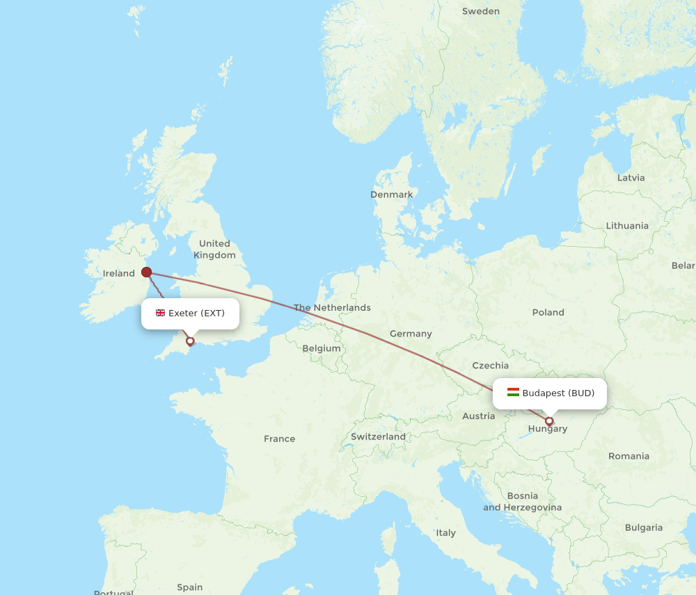 Budapest - Exeter route map and flight paths