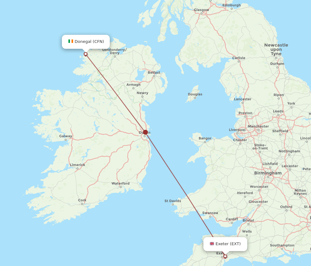 Donegal - Exeter route map and flight paths