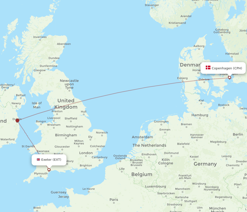 Copenhagen - Exeter route map and flight paths