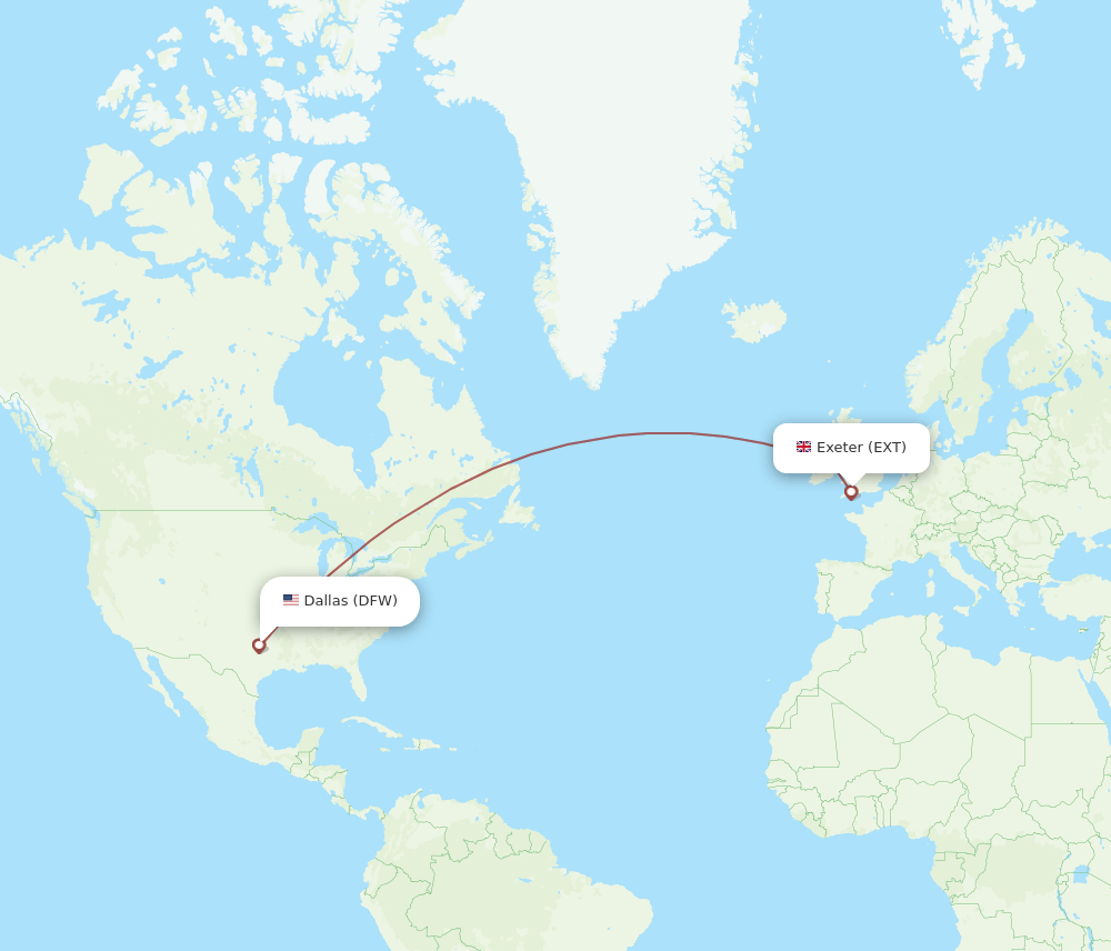 Dallas - Exeter route map and flight paths