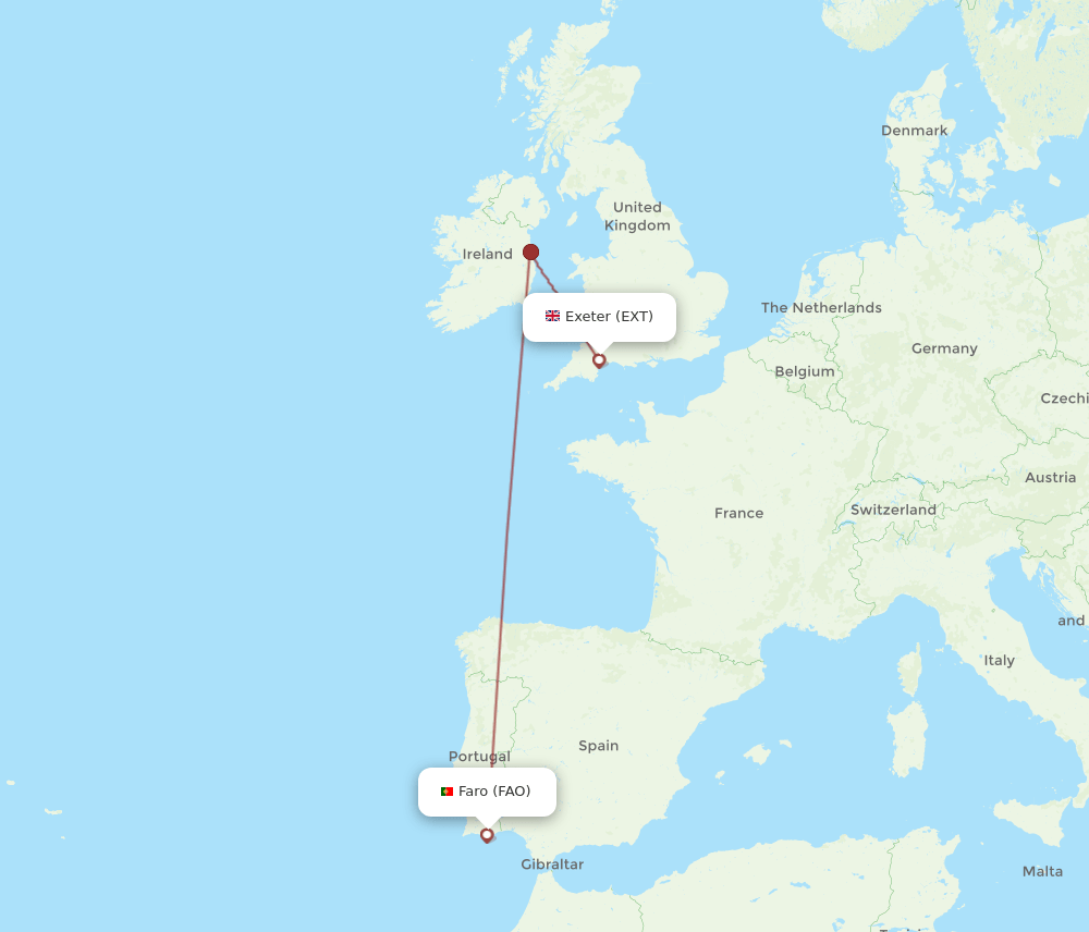 Faro - Exeter route map and flight paths