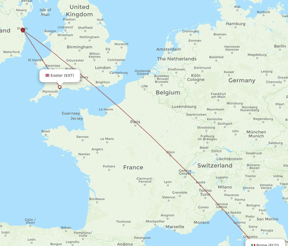 Rome - Exeter route map and flight paths