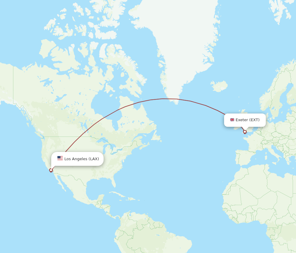 Los Angeles - Exeter route map and flight paths