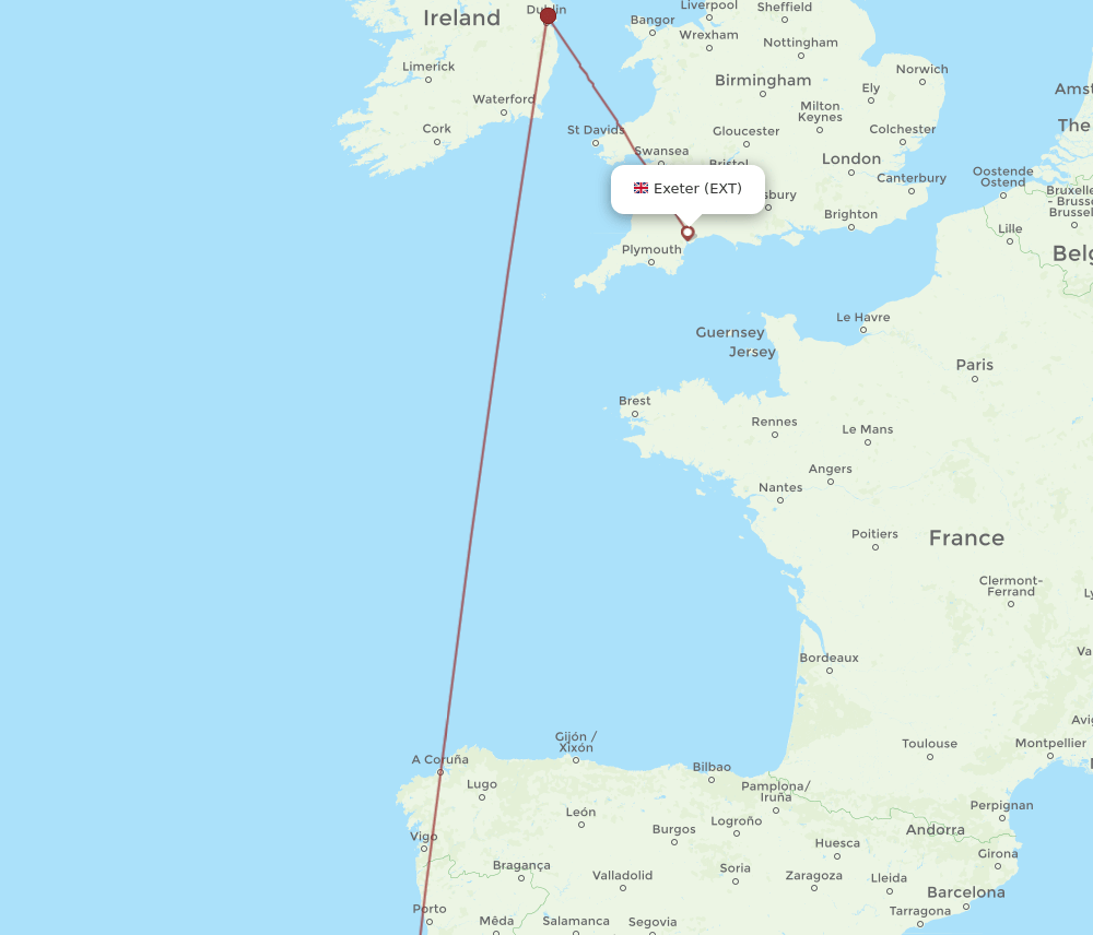 Lisbon - Exeter route map and flight paths
