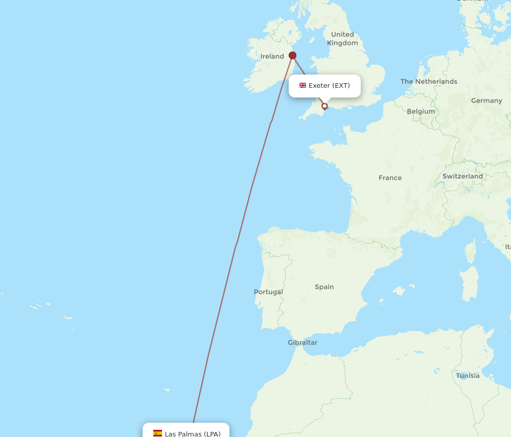 Exeter - Las Palmas route map and flight paths