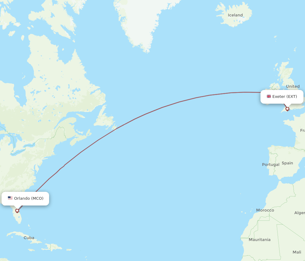 Orlando - Exeter route map and flight paths