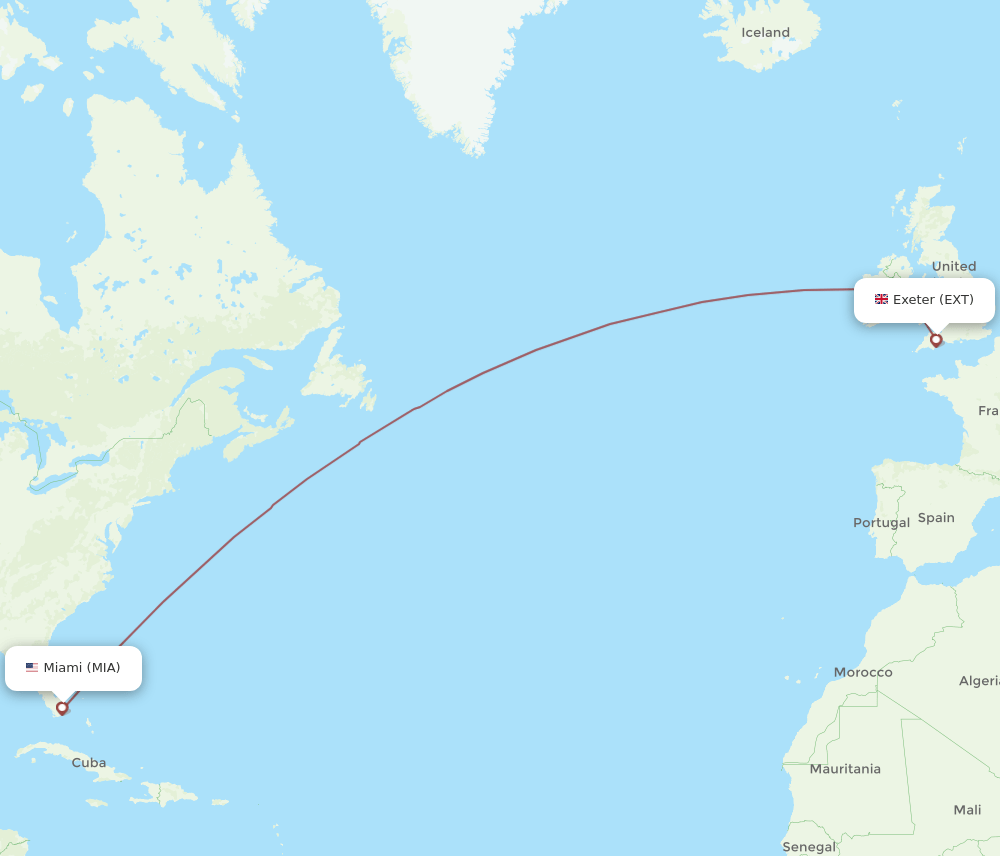 Miami - Exeter route map and flight paths