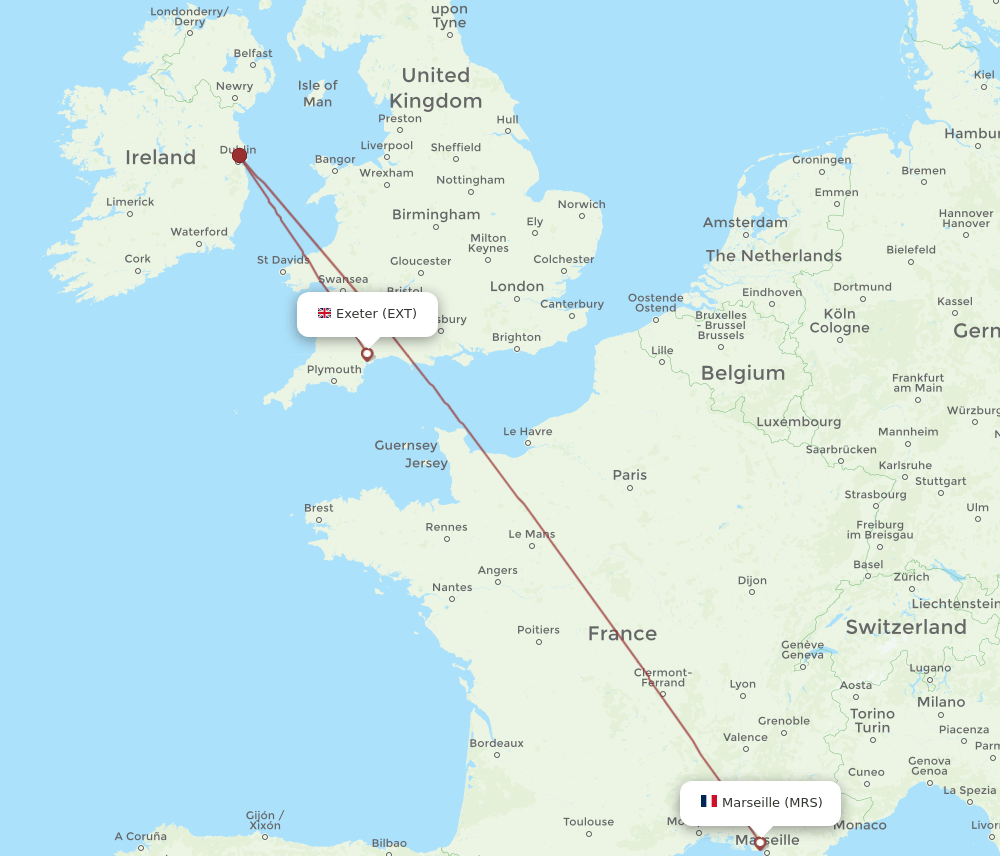 Marseille - Exeter route map and flight paths
