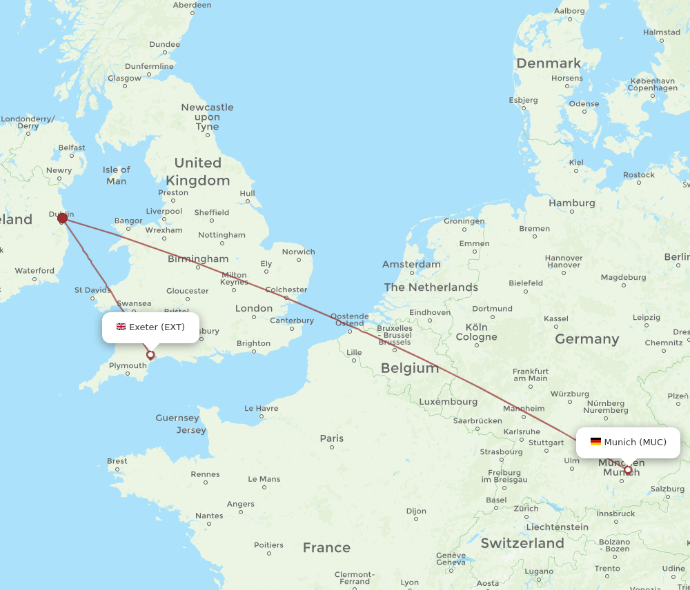 Munich - Exeter route map and flight paths