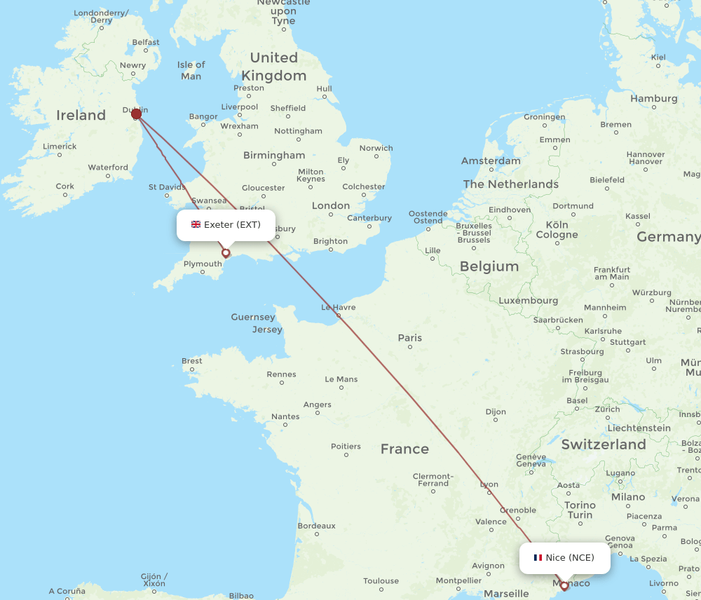 NCE to EXT flights and routes map
