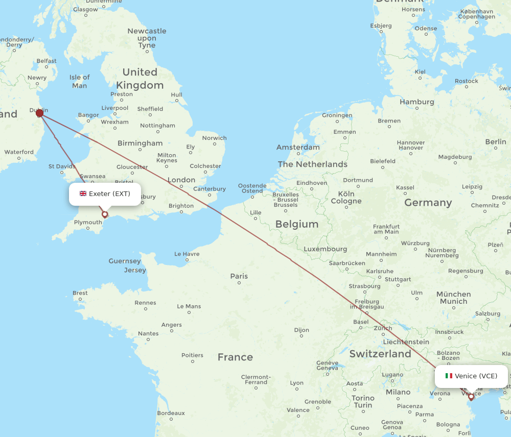 Venice - Exeter route map and flight paths