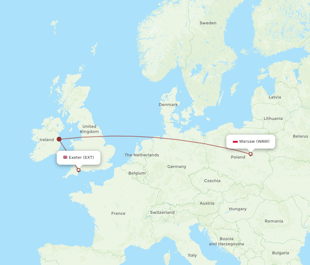 Warsaw - Exeter route map and flight paths