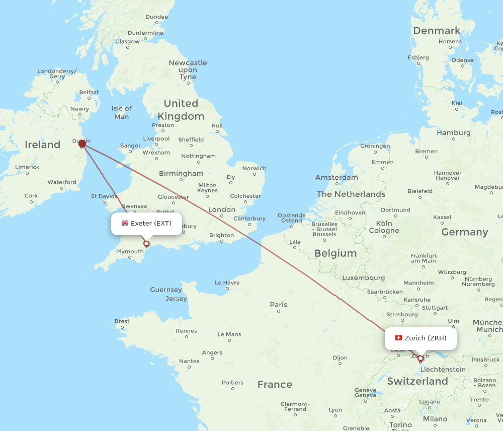 EXT to ZRH flights and routes map