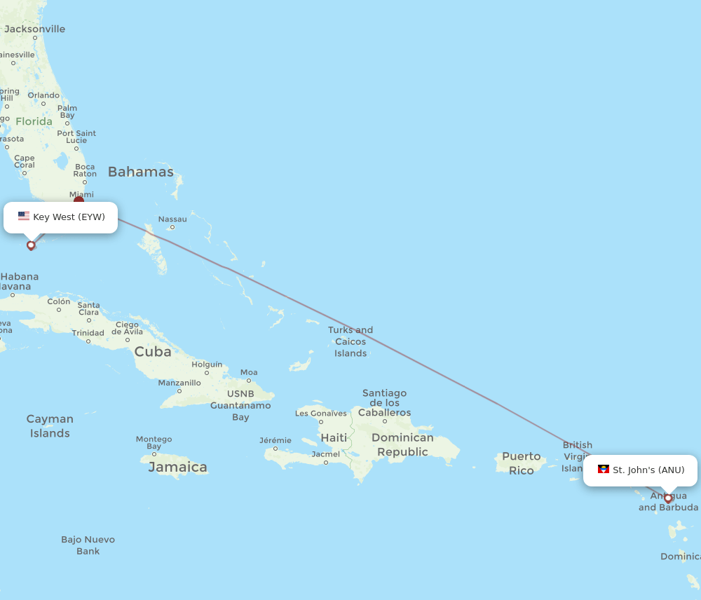Antigua - Key West route map and flight paths