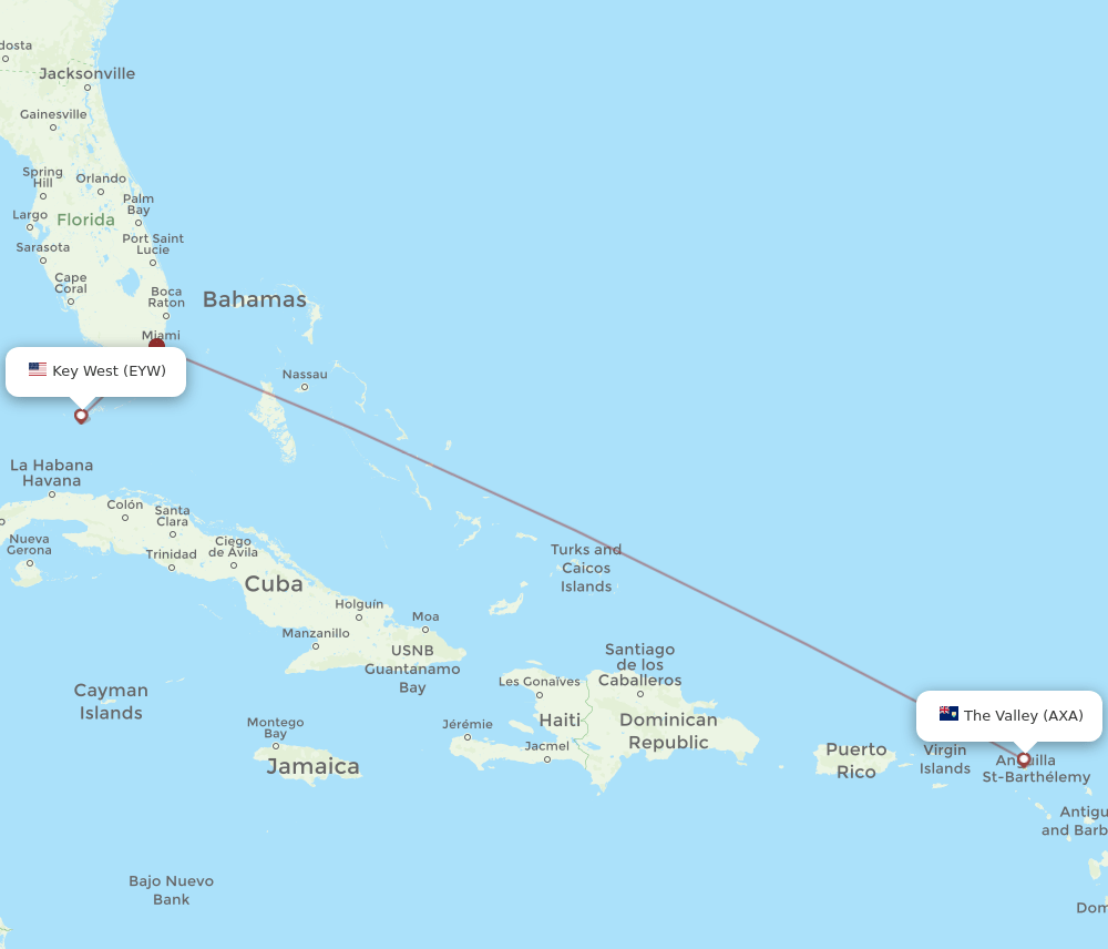Key West - Anguilla route map and flight paths