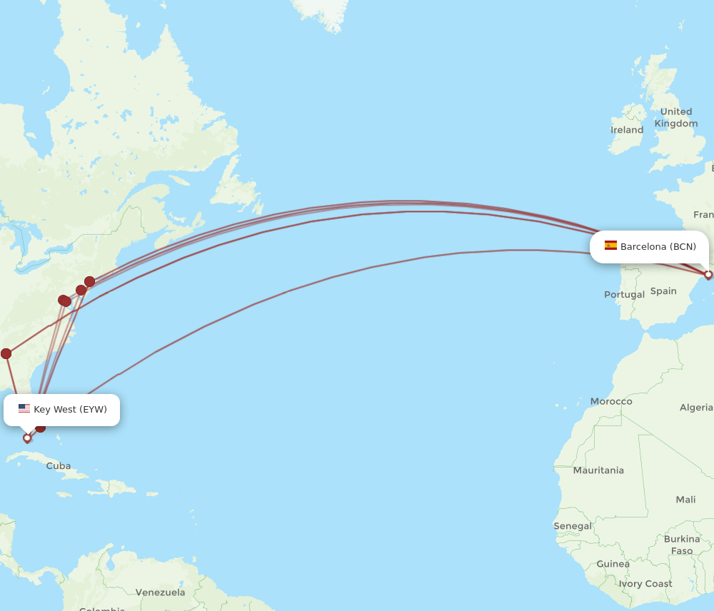 EYW-BCN flight routes