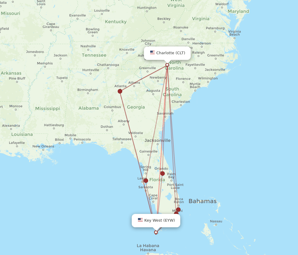 EYW-CLT flight routes