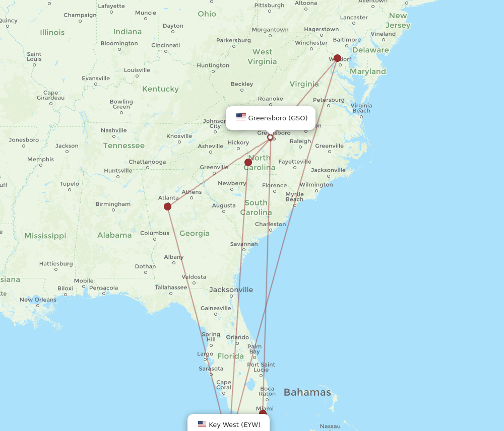 EYW-GSO flight routes