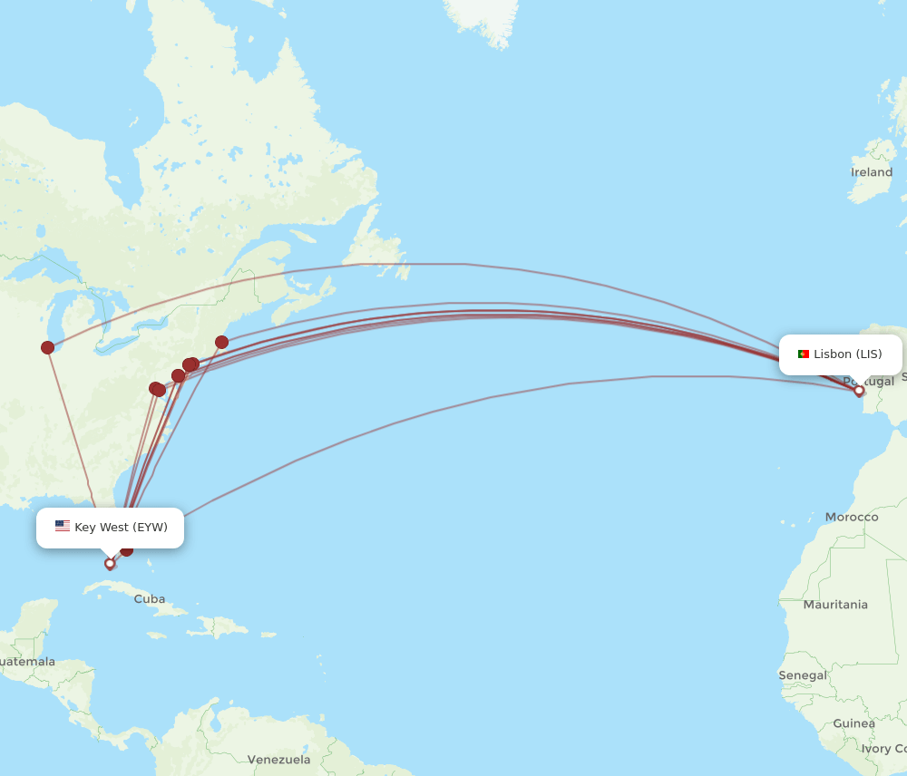 EYW-LIS flight routes