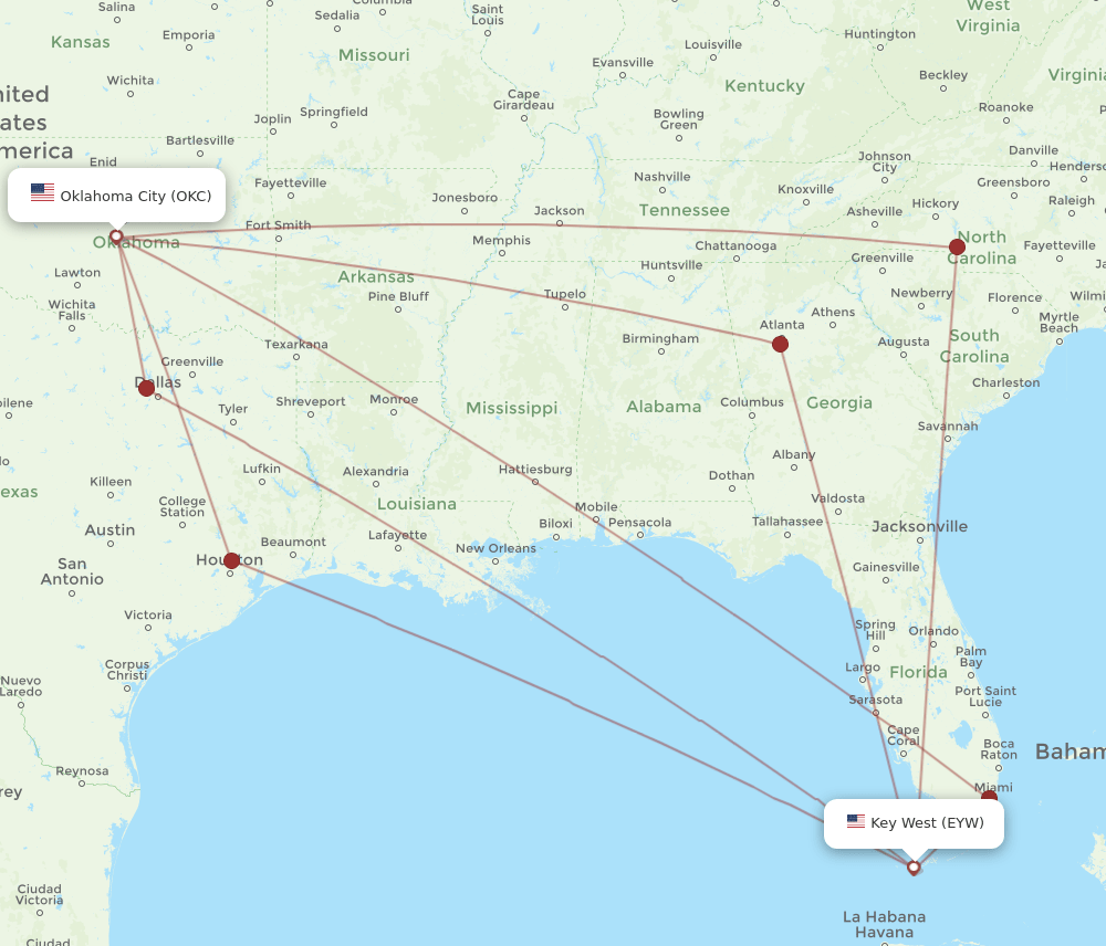 EYW-OKC flight routes
