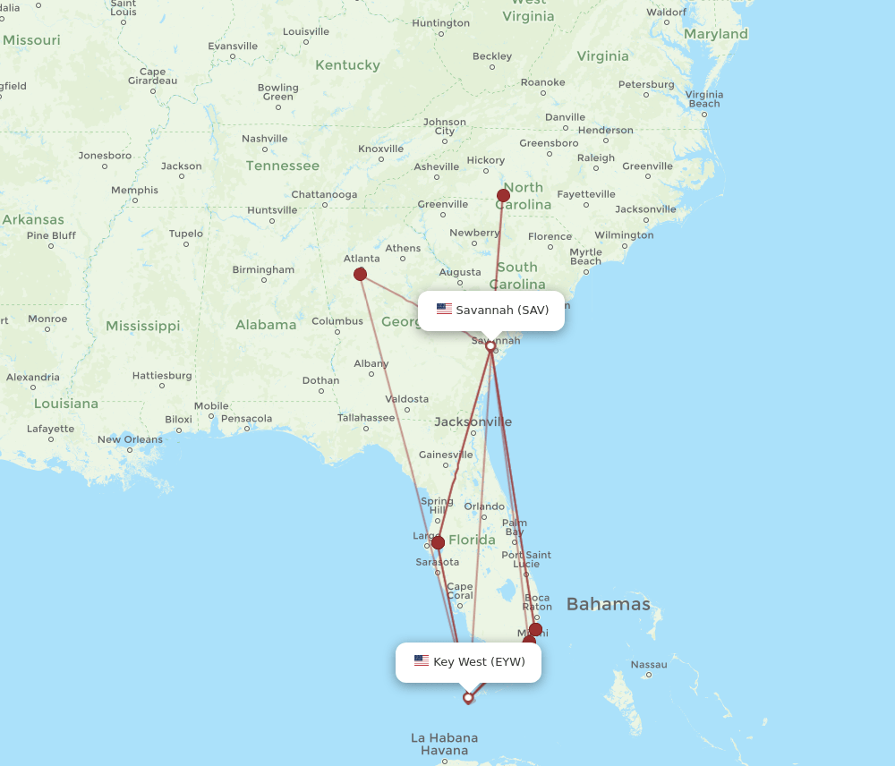 EYW-SAV flight routes
