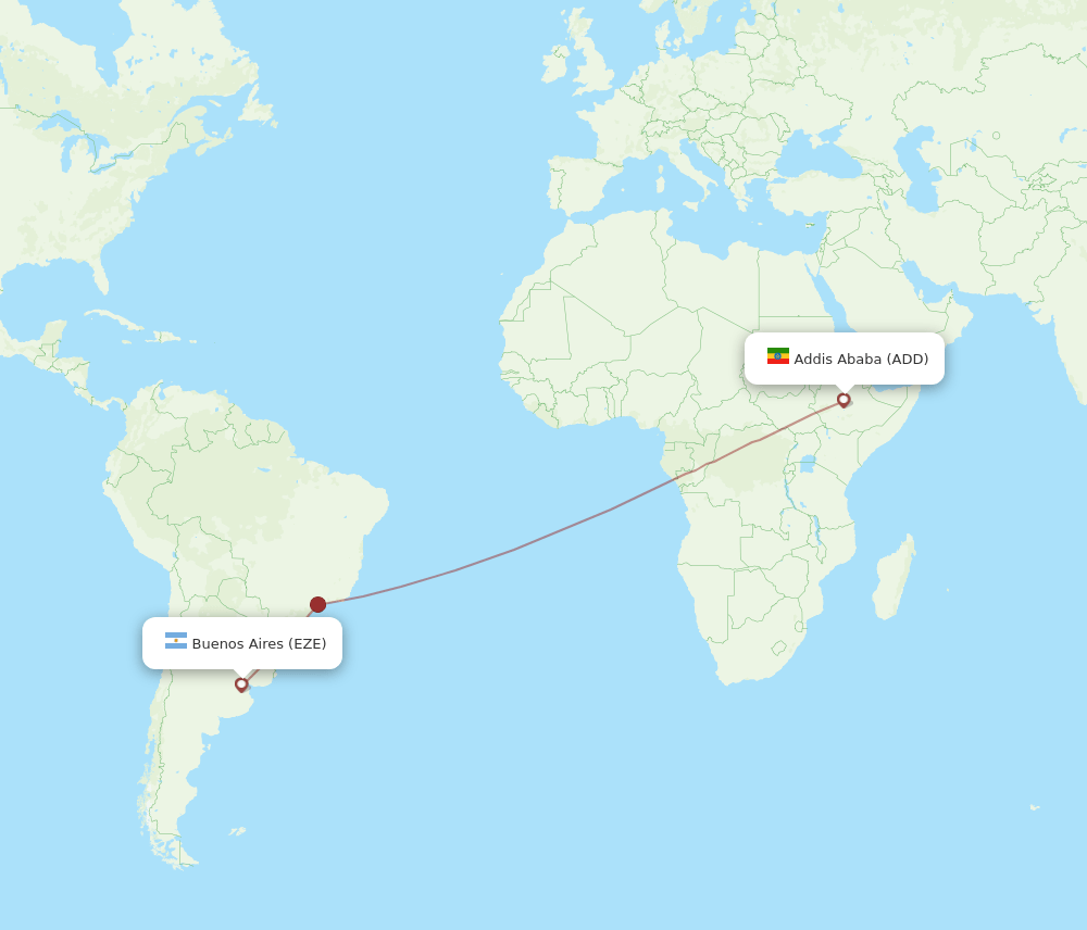 Buenos Aires - Addis Ababa route map and flight paths
