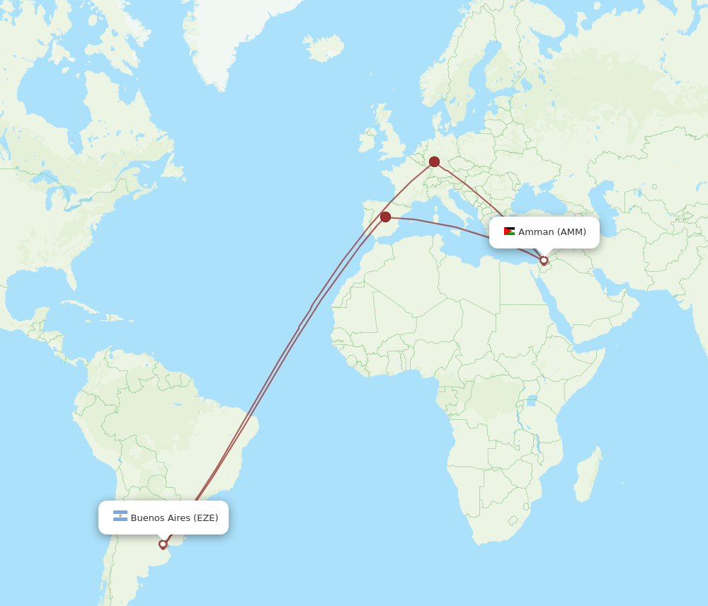 Amman - Buenos Aires route map and flight paths