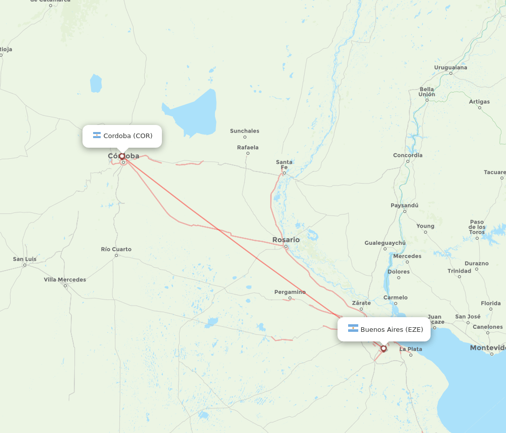 Buenos Aires - Cordoba route map and flight paths
