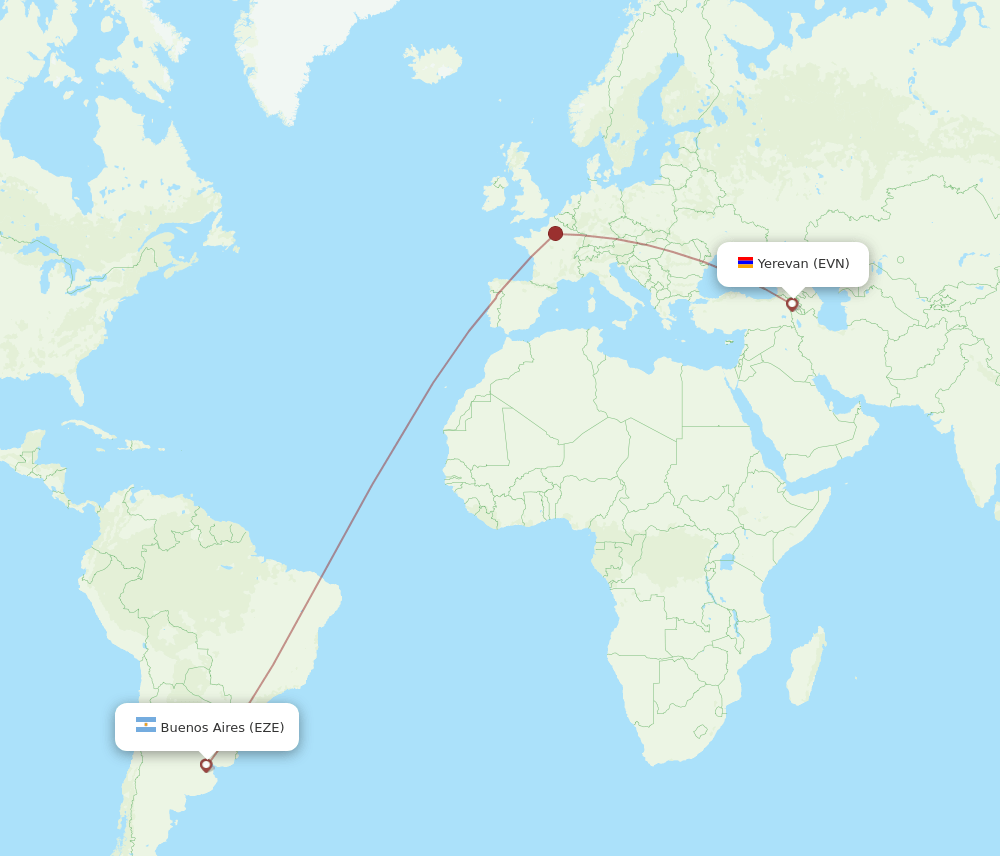 Yerevan - Buenos Aires route map and flight paths