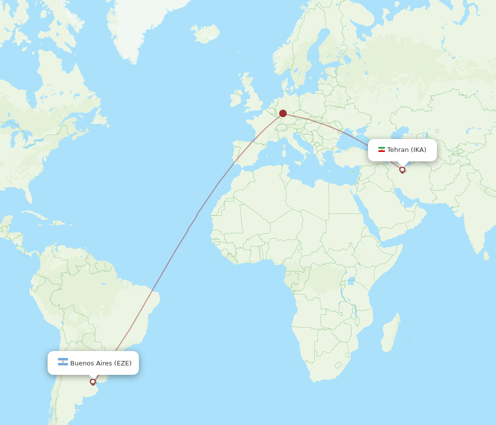 Tehran - Buenos Aires route map and flight paths