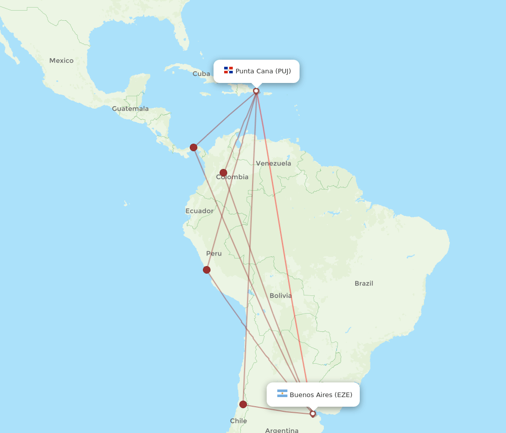 EZE to PUJ flights and routes map
