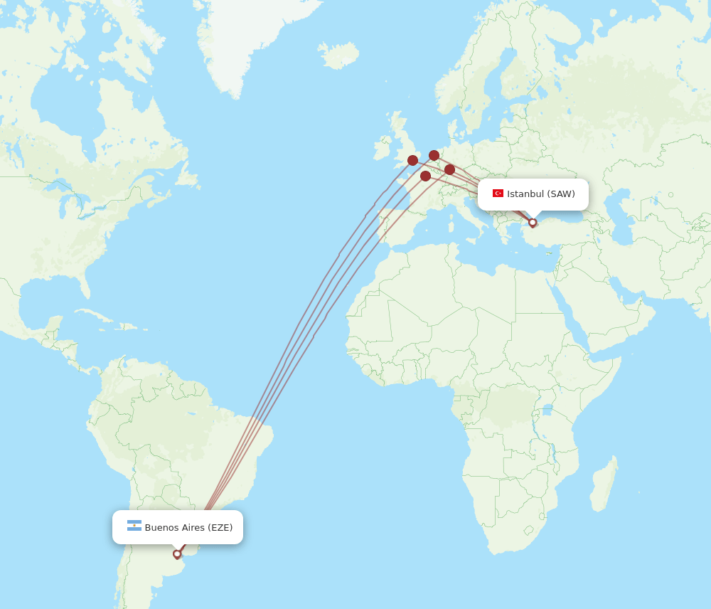 Istanbul - Buenos Aires route map and flight paths