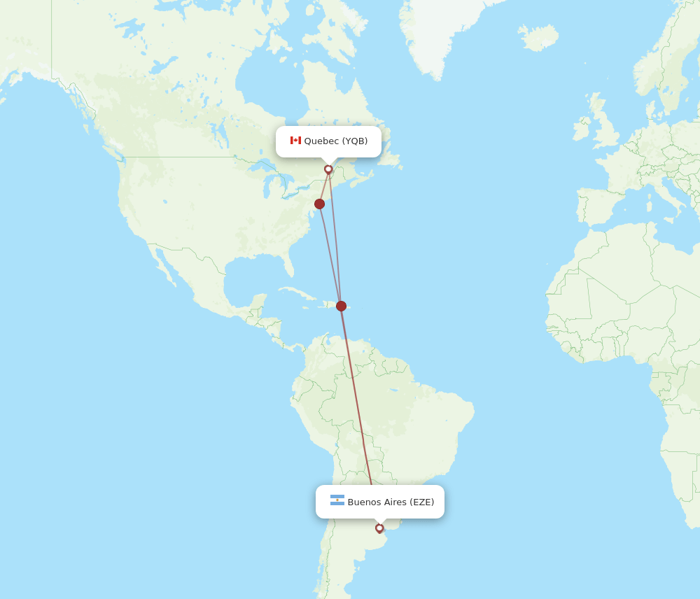 Quebec - Buenos Aires route map and flight paths