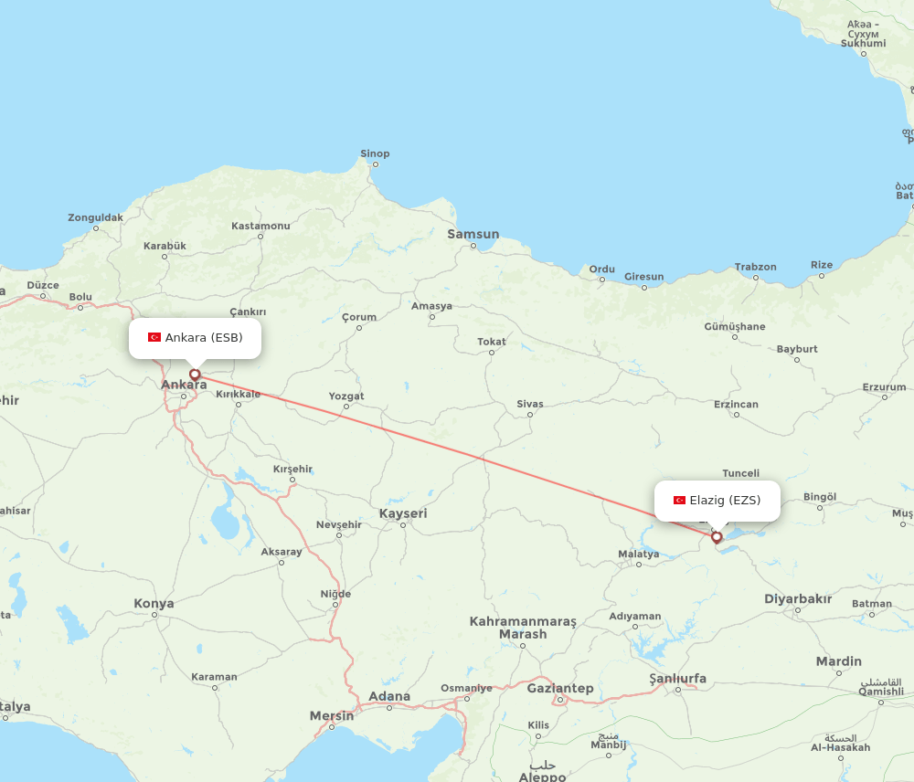 Elazig - Ankara route map and flight paths