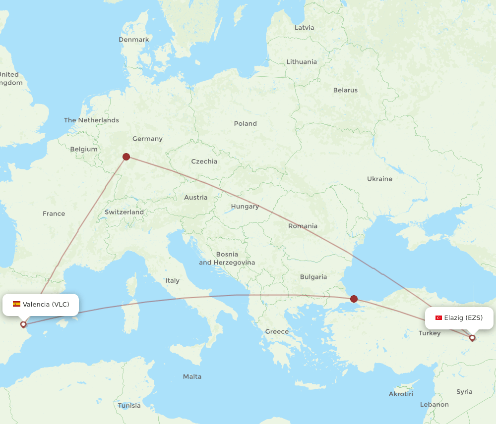 EZS to VLC flights and routes map
