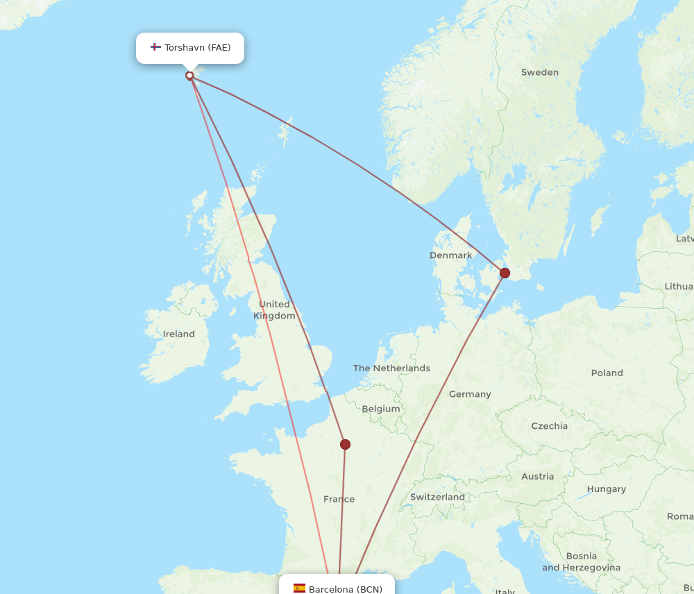 FAE to BCN flights and routes map