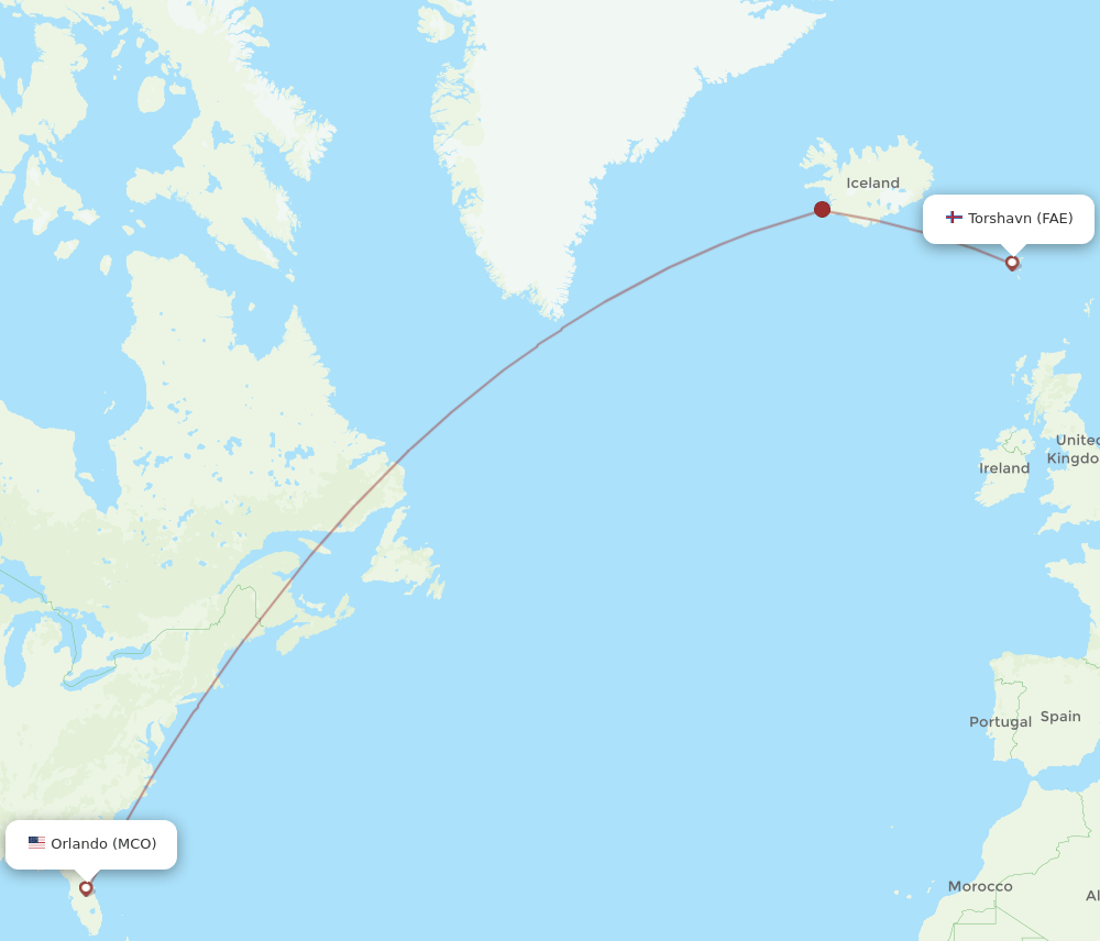 Orlando - Faroe Islands route map and flight paths