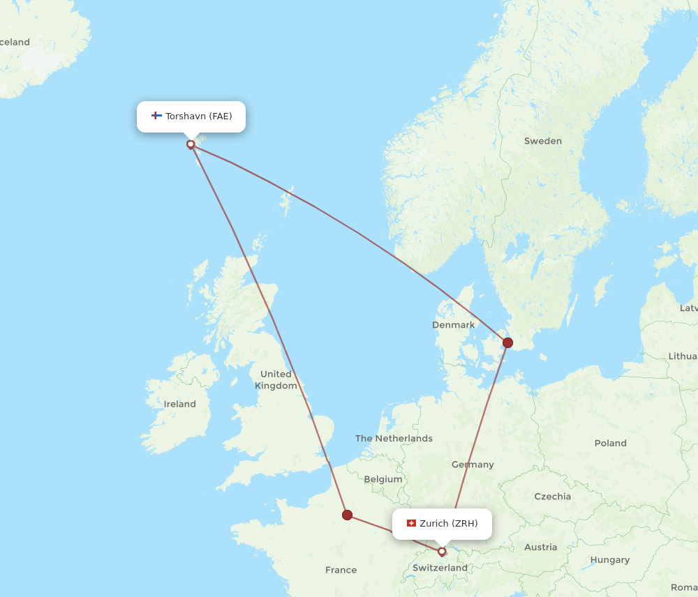 Zurich - Faroe Islands route map and flight paths