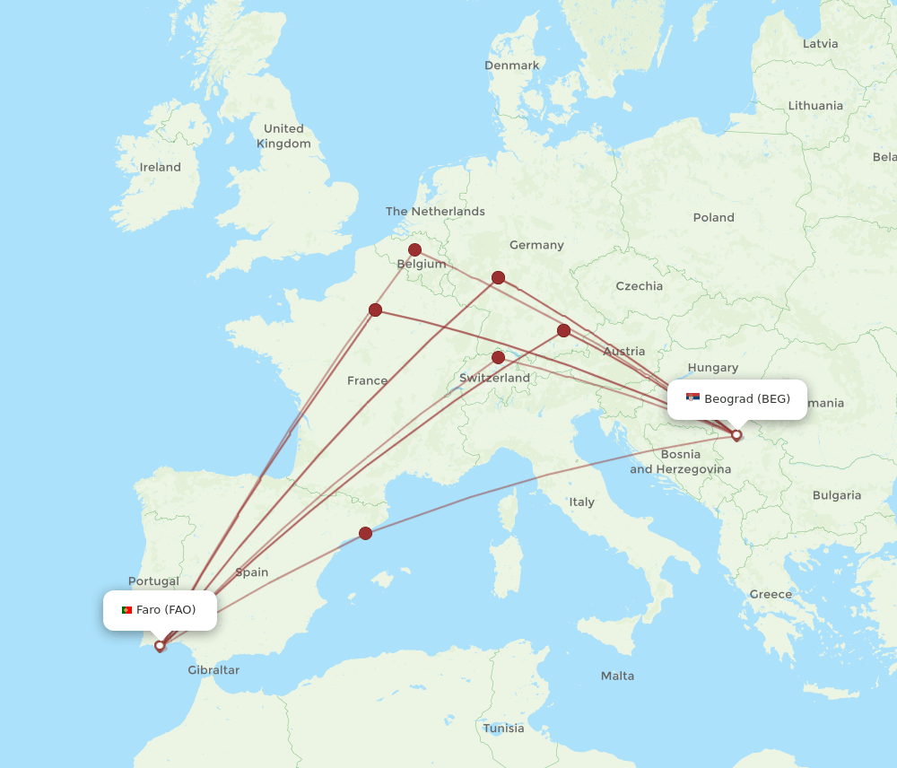 FAO to BEG flights and routes map