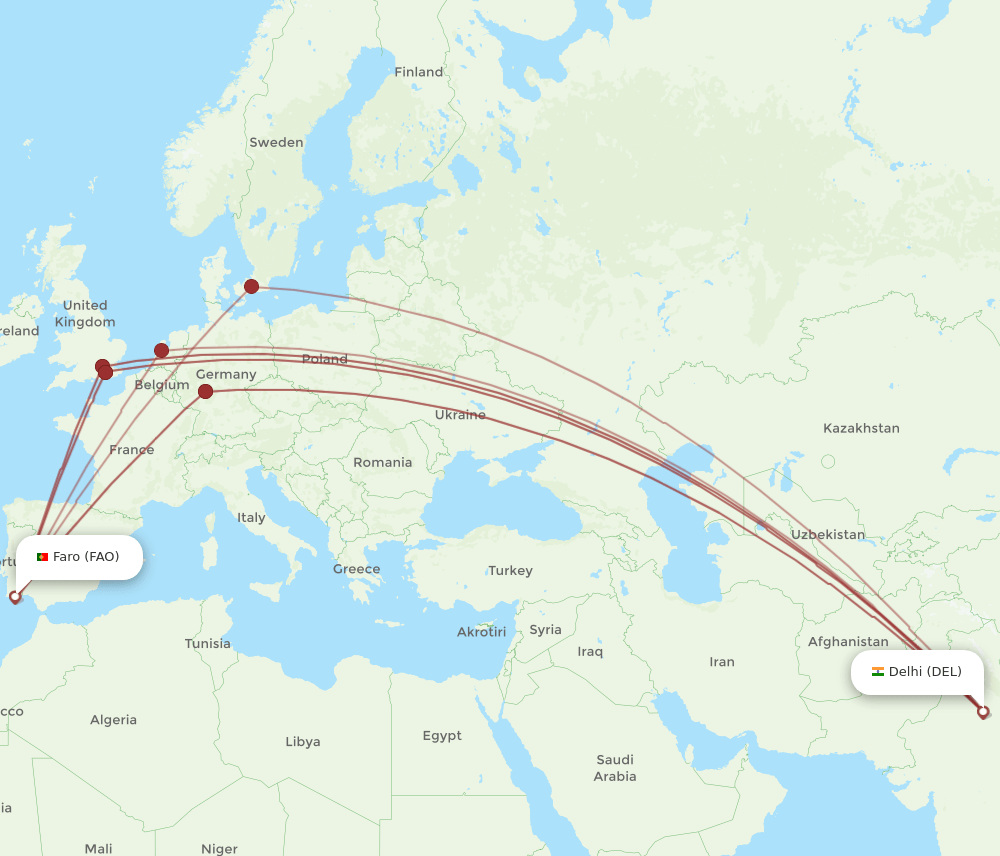 FAO-DEL flight routes