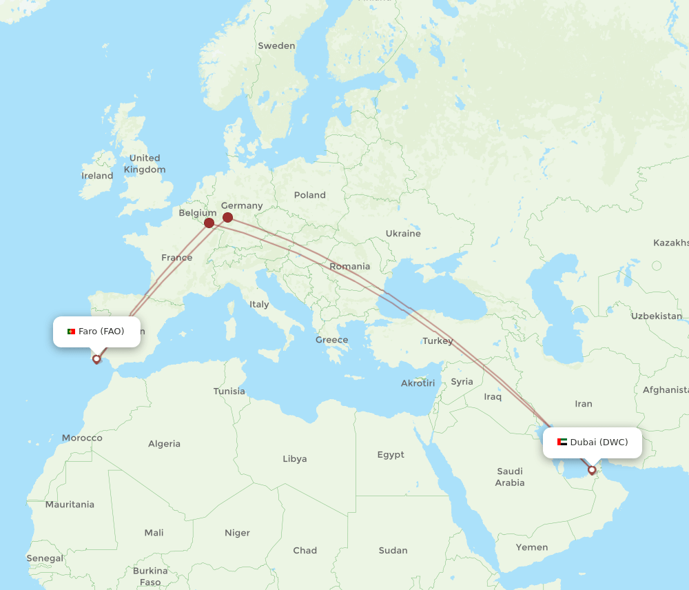 Dubai - Faro route map and flight paths