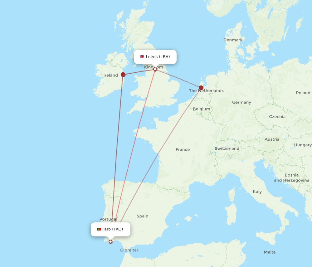 FAO to LBA flights and routes map