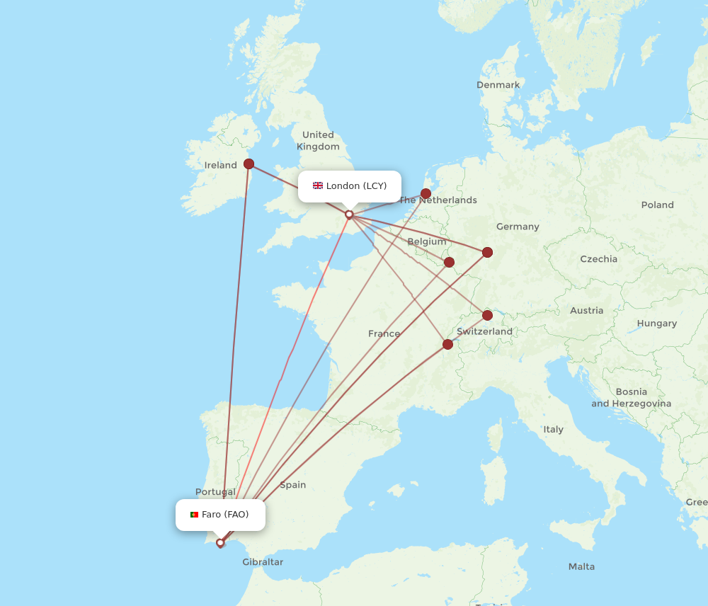 FAO to LCY flights and routes map