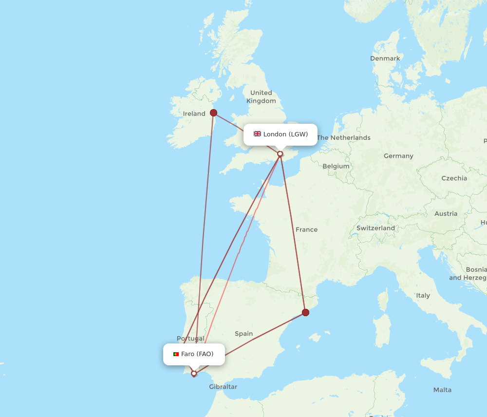 FAO to LGW flights and routes map