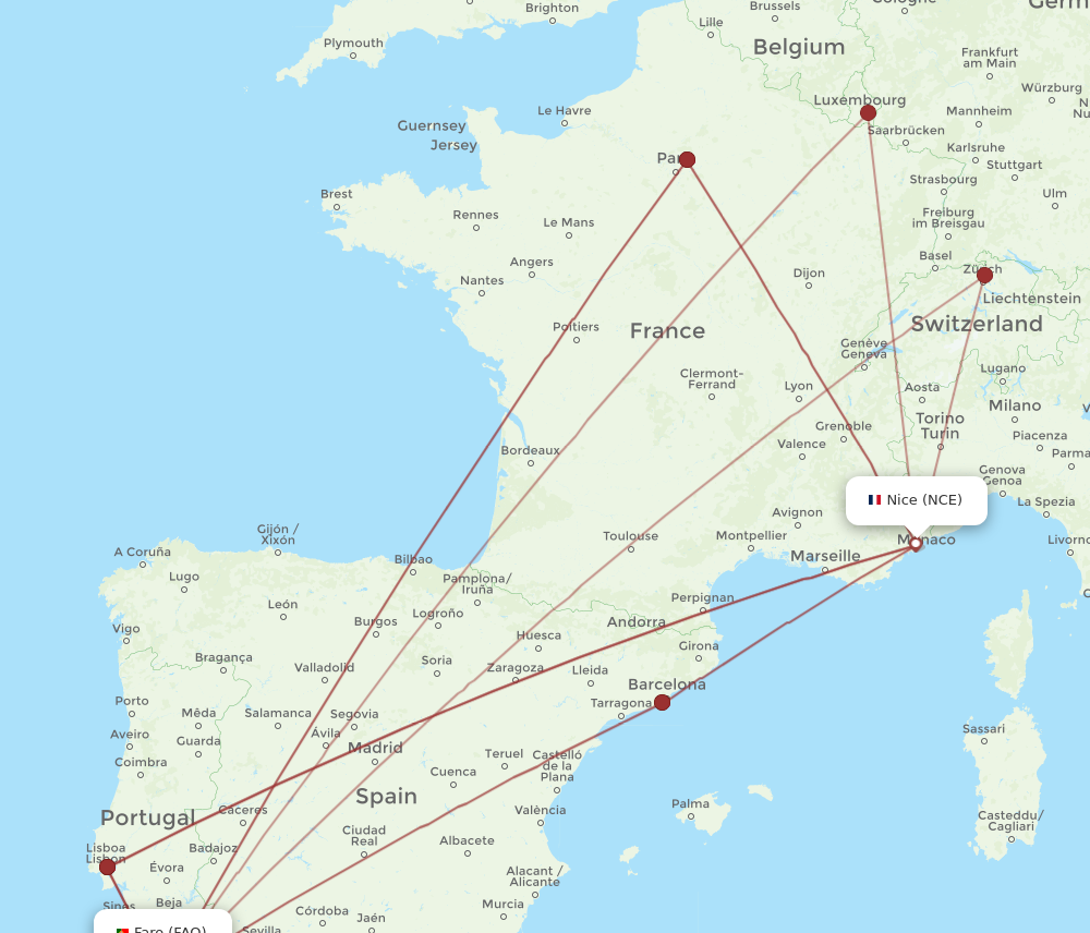 FAO to NCE flights and routes map